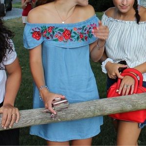 H&M blue off the shoulder dress with floral embroidery